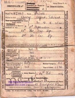 Alfed Edward Avery WW1 Certificate of Demoblization