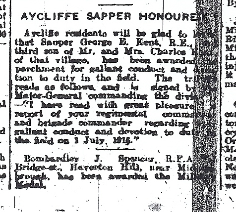 Sapper George E. Kent honoured for gallant conduct and devotion to duty 1 July 1916