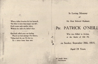 Patrick O'Neill Remembrance card