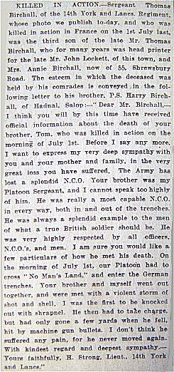 Thomas Birchall newspaper report of his death