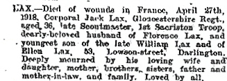 Jack Lax Roll of Honour death notice, 4 May, 1918