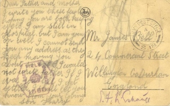 reverse of postcard to Henry James Bell's parents WW1
