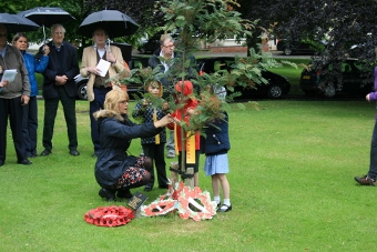 Pupils hang "we will rember" tags on trees